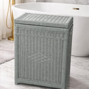 Sage Green Wicker Storage Basket with Lid, Rectangle Loom Weave Rattan Toy Chest