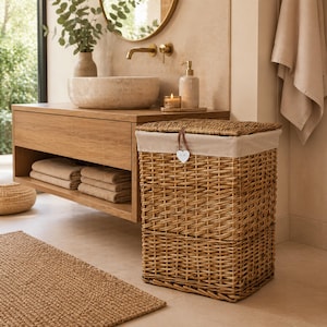 May include: A natural wicker laundry basket with a beige fabric lining and lid. A small, heart-shaped tag hangs from the lid. The hamper is in a bathroom setting with a wooden vanity, towels, and a rug.