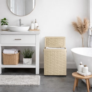 Slim Laundry Basket with Lid Handles Narrow Hamper, Space Saving Linen Bin, Bathroom Storage