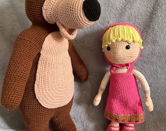 Muñecas de niña y oso de ganchillo hechas a mano, juego de amigurumi de algodón, peluche inspirado en dibujos animados, decoración infantil, regalo para niños.