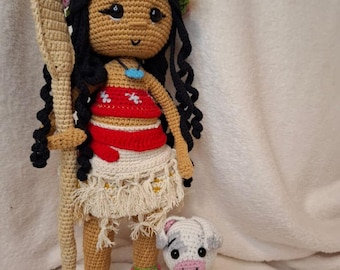 Island Adventure Crochet Doll with Pig and Paddle, Handmade 30 cm Art Doll