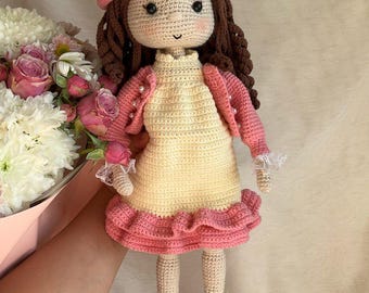 Muñeca de crochet con vestido rosa, muñeca grande de 45 cm hecha a mano para niña con sombrero y zapatos extraíbles