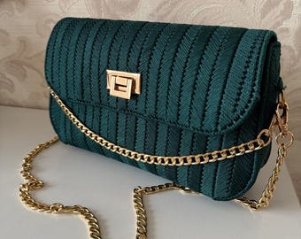 Emerald Knit Shoulder Bag with Gold Chain, Modern Handcrafted Luxury Clutch