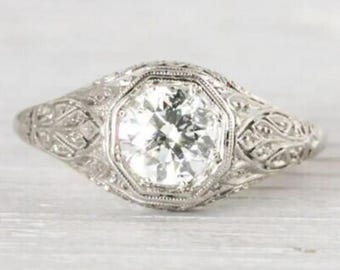 Art Deco Octagon Bezel Engagement Ring, Vintage Filigree Moissanite Ring, 14k White Gold Leaf Engraved Wedding Ring, Antique Style Solitaire