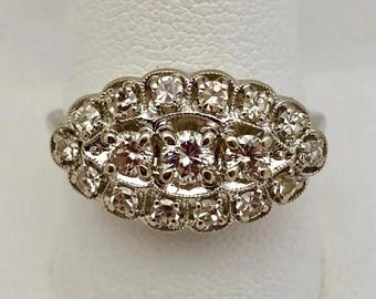 Antique Edwardian Marquise Cluster Ring, 14K White Gold Diamond Statement Ring, Vintage Milgrain Filigree Wedding Ring, Unique Jewelry