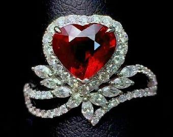 Large Ruby Heart Engagement Ring, Art Deco Red Heart Halo Ring, 14k White Gold Filigree Ribbon Statement Ring, Unique Valentine's Gift