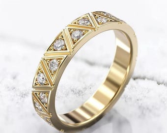 Art Deco Triangle Wedding Band, 14k Yellow Gold Geometric Stacking Ring, Unique Moissanite Eternity Band, Modern Architectural Jewelry