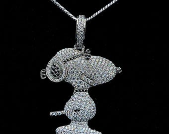 Icy Pave Diamond Character Pendant in 14k White Gold, Custom Moissanite Cartoon Dog Necklace, Hip Hop Streetwear Jewelry Cool Style Gift