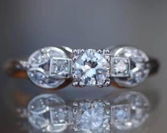 Vintage Bow Tie Engagement Ring, Art Deco Round Cut Moissanite Ring, 14k White Gold Filigree Promise Ring, Unique Tapered Anniversary Band