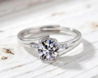 Round Moissanite Engagement Ring, Bypass Style 14K Solid White Gold Promise Ring, Unique Round Cut Solitaire Ring for Women,