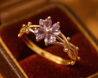 Amethyst Flower Engagement Ring in 14K Yellow Gold, Heart Cut Purple Gemstone Floral Ring, Nature Inspired Vine Wedding Band, Unique Promise
