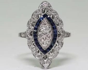 Art Deco Sapphire Navette Ring, Solid 14K White Gold Marquise Diamond Cluster Ring, Vintage Filigree Statement Ring, Cocktail Jewelry