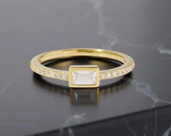 Minimalist Baguette Diamond Ring, 14k Solid Gold Bezel Set Ring, Dainty Baguette Engagement Ring, Stackable Gold Wedding Band for Her
