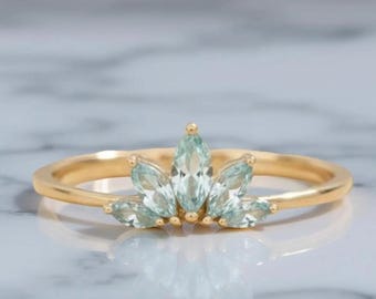 Marquise Aquamarine Lotus Ring in 14k Gold, Unique Gemstone Engagement Ring, Dainty Marquise Cluster Ring, March Birthstone Gift for Her