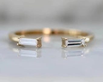Open Cuff Baguette Moissanite Ring, 14k Gold Minimalist Stacking Band, Unique Toi Et Moi Gap Ring, Modern Tapered Baguette Wedding Band