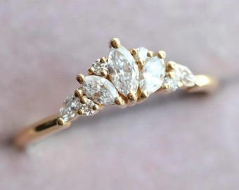 Marquise Cluster Engagement Ring, 14k Solid Gold Unique Diamond Ring, Dainty Multi-Stone Wedding Ring, Modern Heirloom Promise Ring for Her