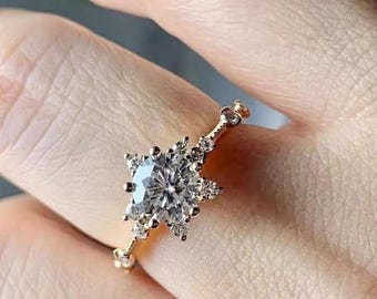 Round Moissanite Engagement Ring Yellow Gold, Floral Snowflake Cluster Ring, Unique Petal Style Bridal Ring, 18k Solid Gold Nature Inspired