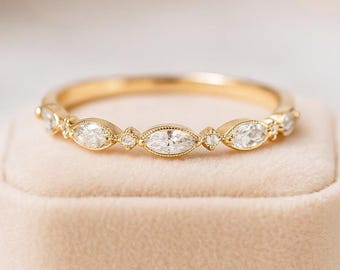 Art Deco Marquise Moissanite Wedding Band in 14K Solid Yellow Gold, Vintage Milgrain Matching Band, Unique Half Eternity Stacking Ring