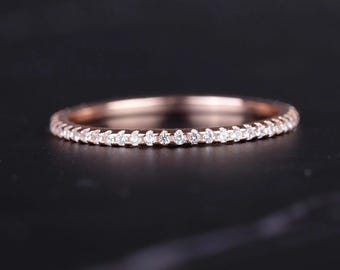 Thin Pave Wedding Band, 1.5mm Dainty Diamond Stacking Ring in 14k Solid Gold, Minimalist Eternity Ring, Delicate Gold Matching