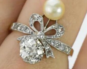Vintage Akoya Pearl and Diamond Bow Ring, Antique Old Mine Cut Engagement Ring, Solid 14K Yellow Gold Ribbon Statement Ring,Cocktail Jewelry