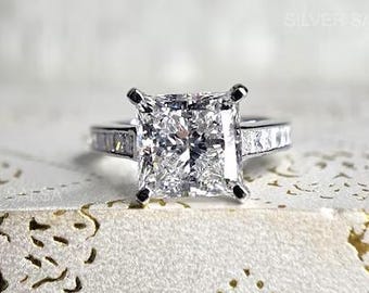 Princess Cut Engagement Ring in Sterling Silver, Radiant Cut Solitaire with Channel Set Band, Statement Wedding Ring, Large Square Cut Ring
