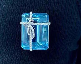 Emerald Cut Aquamarine Present Brooch, Pave Diamond Ribbon Bow Pin, Solid 14K White Gold Blue Topaz Gift Statement Brooch, Gift for Her