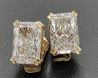 Radiant Cut Moissanite Stud Earrings, 14k Solid Yellow Gold Earrings, Elongated Emerald Cut Diamond Studs, Minimalist Bridal Earrings