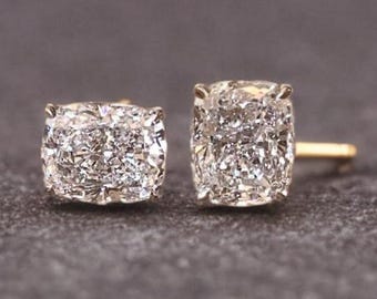 Cushion Cut Moissanite Stud Earrings in 14K Yellow Gold, Square Pillow Cut Solitaire Studs, Elegant Bridal Earrings, Romantic Gift for Her