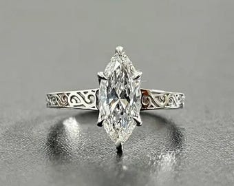 intage Marquise Moissanite Engagement Ring, 14k Gold Engraved Floral Band, Antique Style Solitaire Ring, Unique Marquise Diamond Ring