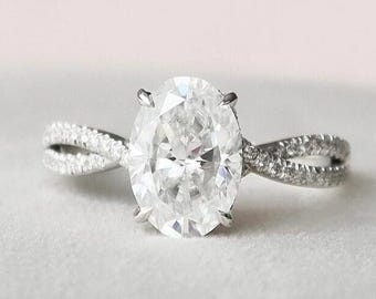 Oval Cut Engagement Ring in 14K White Gold, Twisted Infinity Pavé Diamond Ring, Criss Cross Oval Solitaire, Moissanite Bridal Ring