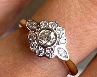 Vintage Floral Moissanit Verlobungsring, Art-Deco-Gänseblümchen-Cluster-Ring, zweifarbiger Goldblumen-Jubiläumsring, einzigartige Marquise-Blattring