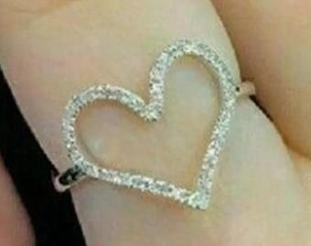 Dainty Open Heart Ring in 14k White Gold, Minimalist Pavé Diamond Heart Ring, Simple Romantic Promise Ring, Gift for Her Anniversary