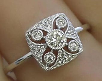 Art Deco Geometric Square Ring, 14K White Gold Filigree Diamond Ring, Vintage Style Milgrain Promise Ring, Dainty Antique Inspired Ring