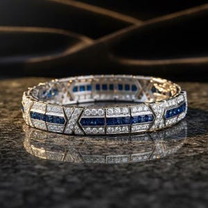 May include: A hinged bracelet featuring a central row of square-cut blue sapphires flanked by two rows of round brilliant-cut white diamonds. The metal band is segmented with X-shaped motifs and has a polished finish with a reflective surface.