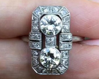 Art Deco Vertical Two Stone Ring, 14K White Gold Geometric Filigree Ring, Vintage Style Long Diamond Statement Ring, Antique Promise Ring