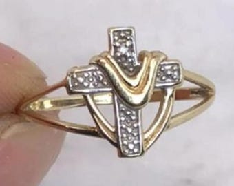 Diamond Cross Heart Ring in 14k Yellow Gold, Religious Promise Ring for Her, Dainty Crucifix Faith Jewelry, Christian Gift for Wife