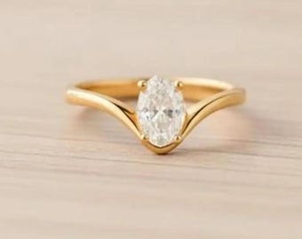 Modern Oval Engagement Ring, 14k Solid Gold V-Shape Solitaire Ring, Minimalist Curved Promise Ring, Unique Dainty Bridal Ring for Her