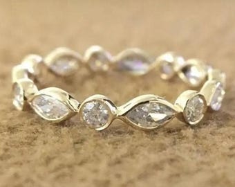 Marquise and Round Moissanite Wedding Band, 14k Yellow Gold Alternating Eternity Ring, Dainty Stacking Art Deco Band, Unique Promise Ring
