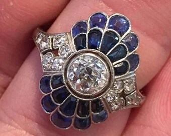 Bague de fiançailles vintage art déco saphir bleu, bague de mariage unique éventail de paon, femmes de style antique en argent sterling 925 ou or massif