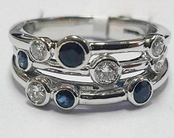 Alliance diamants et saphirs bleus modernes, alliance sertie clos multi pierres, alliance d'anniversaire de mariage en or massif 14 carats, pierres éparses
