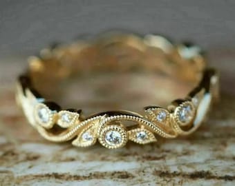 Vintage Leaf Diamond Wedding Band, 14k Gold Nature Inspired Filigree Ring, Art Deco Vine Milgrain Eternity Band, Romantic Bridal Gift