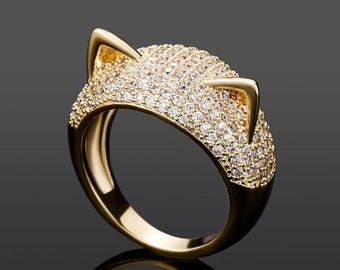 Dainty Pave Diamond Cat Ear Ring, 14K Solid Gold Kitty Ring, Minimalist Animal Lover Gift, Unique Gold Pet Jewelry, Whimsical Stackable Ring