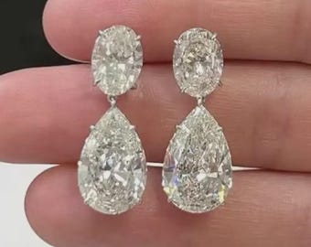 Pear and Oval Drop Earrings, Moissanite Bridal Dangle Earrings, Solid 14k White Gold Wedding Jewelry, Statement Pear Cut Prom Earrings, Luxe
