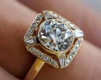 Art Deco Square Bezel Engagement Ring, 14k Yellow Gold Baguette Moissanite Ring, Geometric Vintage Halo Anniversary Ring, Unique Bridal
