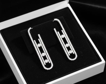 Moissanite Move Diamond Hoop Earrings, 14K White Gold Geometric Paperclip Drop Earrings, Unique Minimalist Statement Jewelry, Gift for Her