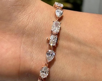 Multi Shape Moissanite Tennis Bracelet, 14K Rose Gold Mix Cut Diamond Link Bracelet, Radiant Pear Oval Cluster Wedding Bracelet, Gift