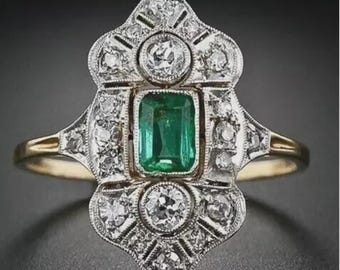 Bague de fiançailles Art déco émeraude en or jaune 14 carats, bague bouclier en pierres précieuses vertes taille émeraude, bague de cocktail vintage en filigrane, bijoux bicolores