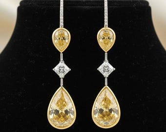 Canary Yellow Diamond Drop Earrings, Pear Cut Long Dangle Earrings, 14K Two Tone Gold Princess Cut Statement Earrings, Gift for Her