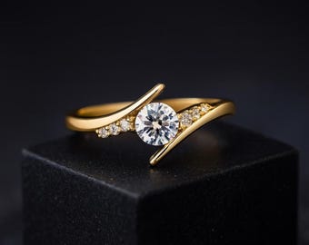 Round Moissanite Engagement Ring in 14K Solid Yellow Gold, Modern Bypass Solitaire Ring, Diamond Accent Wedding Ring, Unique Promise Ring