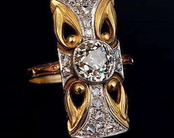 Vintage Art Nouveau Shield Ring, 14K Gold Two Tone Long Statement Ring, Antique Victorian Style Diamond Cocktail Ring, Unique Gift for Her